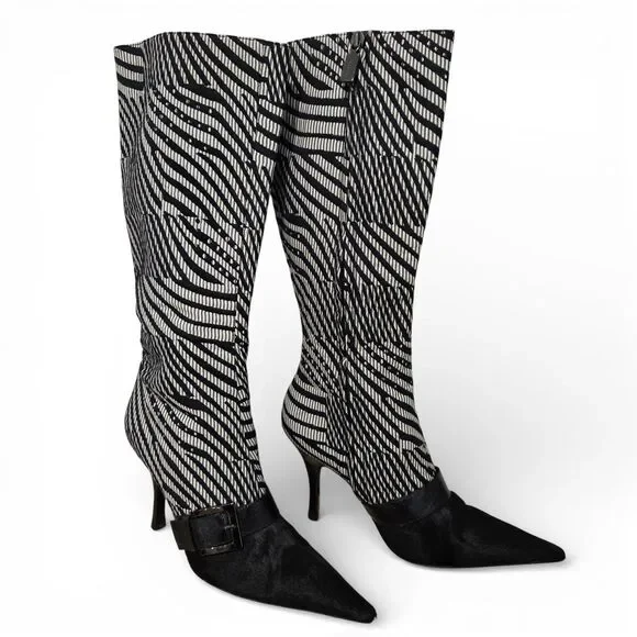 Bruno Magli Womens Graphic Print Tall Dress Boots Sz 37 / 6.5-7 fur pointed toe - Picture 3 of 14